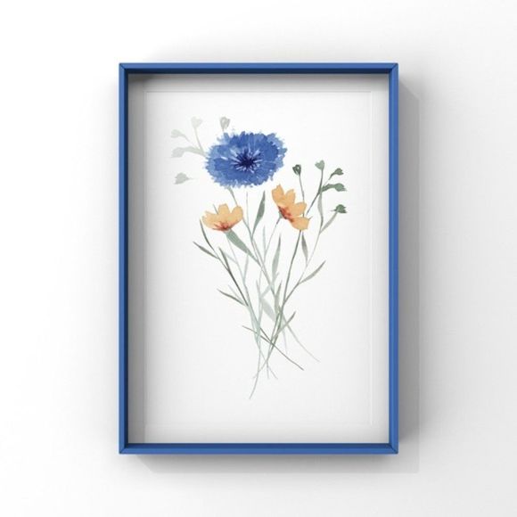 Set of 3 Blue Tan Wildflowers Minimalist Watercolor Digital Art Prints - Picture 2 of 7